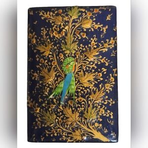vintage hand-painted  purple Kashmiri paper-mâché box with gold floral and bird